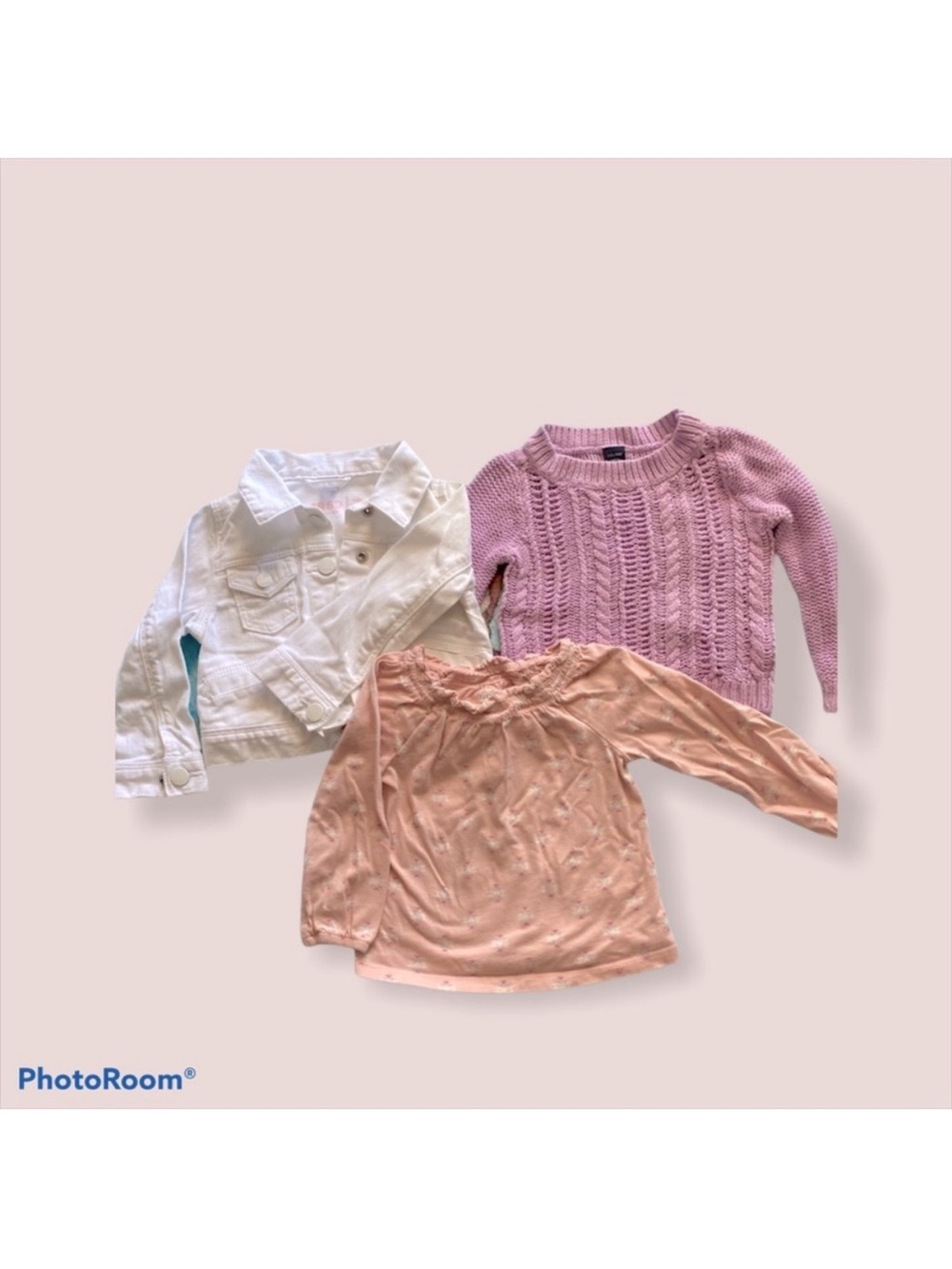 Baby GAP Girls white denim jacket, purple sweater, and long sleeve shirt
